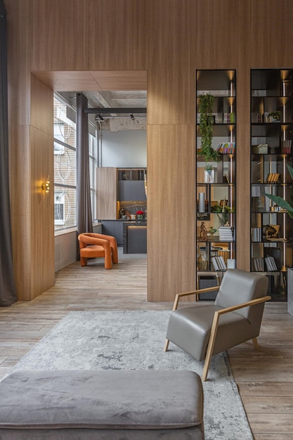 stylish dressing room with led lights in huge modern spacious apartment with high loft style ceilings wooden decoration and grey walls