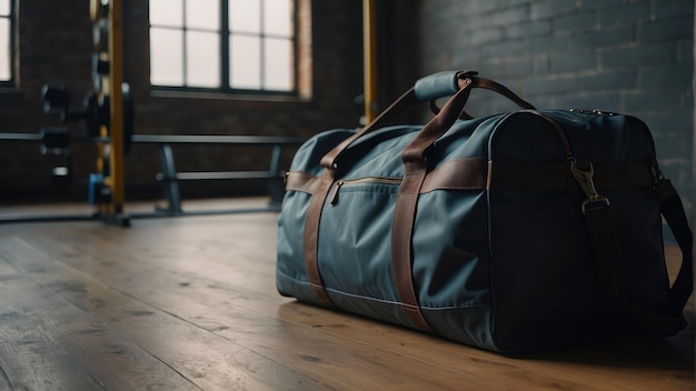 Photo stylish duffle bag on wooden floor