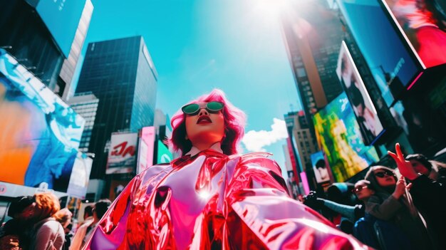 Photo stylish dynamic woman in sunglasses strikes a striking pose on the city street