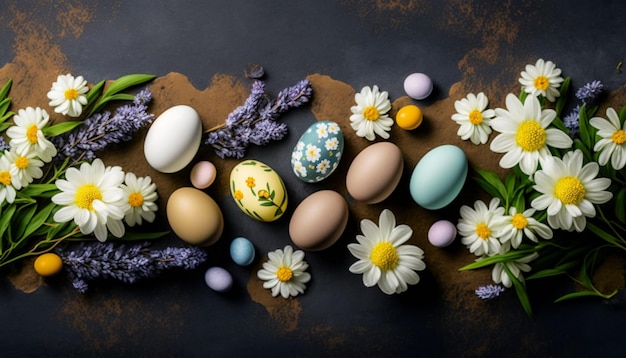 Stylish Easter eggs and blooming spring flowers on the background Rustic Easter still life