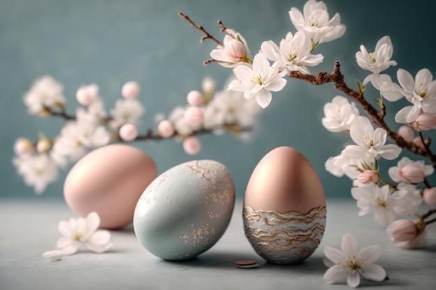 Stylish easter eggs and cherry blossoms