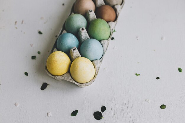 Stylish Easter eggs and white petals on rustic white wooden background Happy Easter