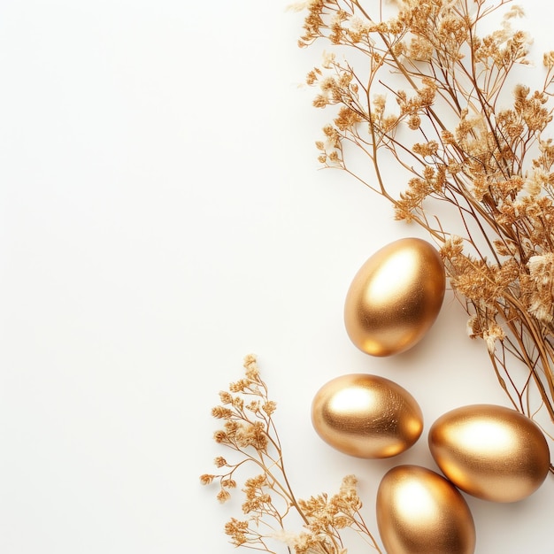スタイリッシュなイースターの金色の卵と金色の乾燥したフラックス・リナム・ブンチの白い背景