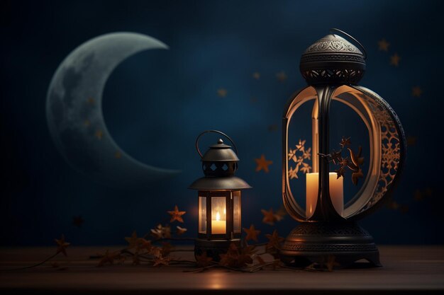 Stylish eid mubarak festival design with moon and lamp