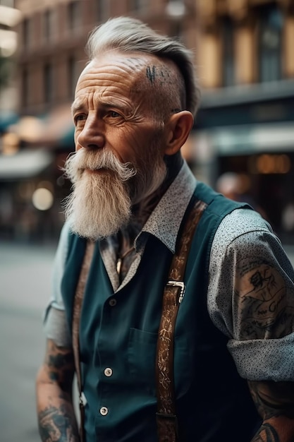 Stylish elderly bearded retired man in tattoos on street Generative AI