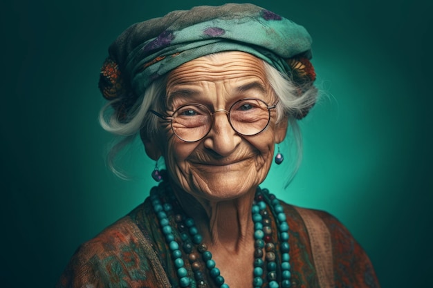緑の背景のスタイリッシュな高齢のおばあちゃんのメガネ ファッションパーティー 女性ファンキー ジェネレーテ アイ