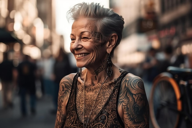 Stylish elderly happy woman in tattoos smiles on street of city Generative AI