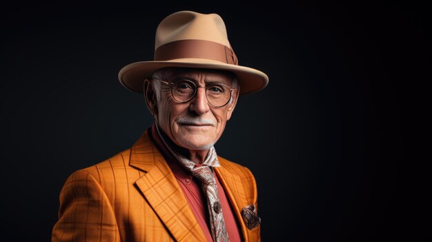 Stylish elderly man in suit on dark background