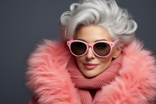 Фото Стильная пожилая женщина в солнцезащитных очках и розовом меховом пальто на сером фоне