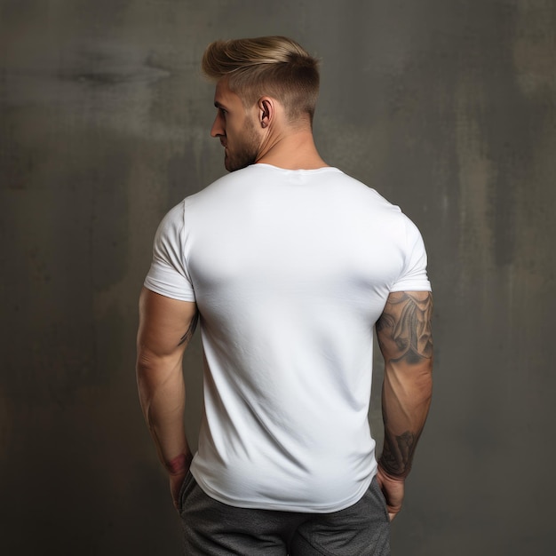 Stylish Elegance Een boeiend mannelijk model met een wit T-shirt tegen een grijze betonnen achtergrond