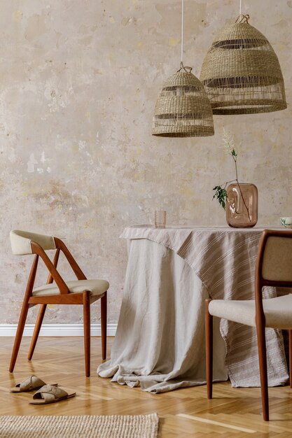 Interni eleganti ed eleganti della sala da pranzo con tavolo da pranzo, sedie di design, lampade a sospensione in rattan, fiori secchi in vasi, mobili, decorazioni ed eleganti accessori personali in un accogliente arredamento per la casa.