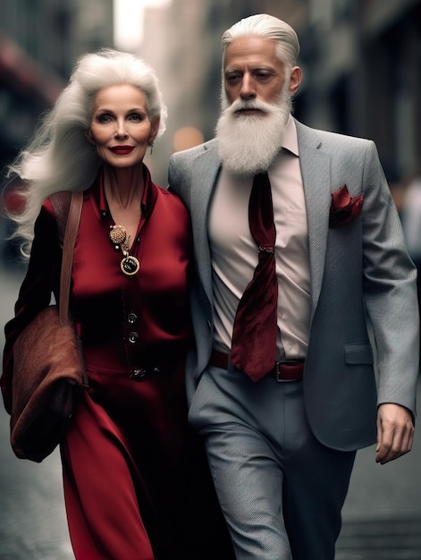 Stylish elegant dressed european couple of elderly people aged woman and man fashion models in the