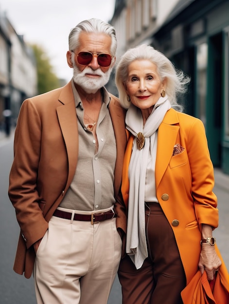 Stylish elegant dressed european couple of elderly people aged woman and man fashion models in the