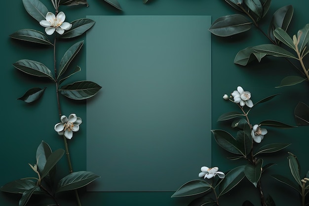 Фото Стильная элегантная плоская лежащая темно-зеленая цветочная приветственная пригласительная открытка с копировальным пространством