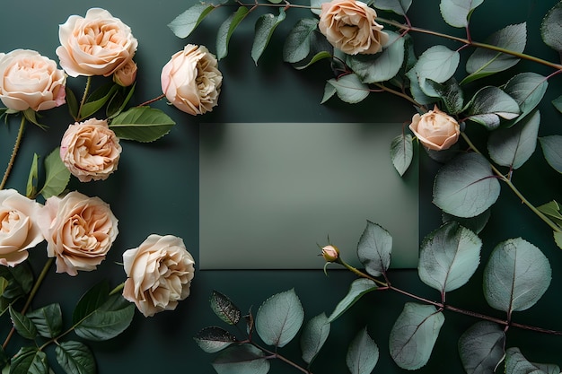 Stylish elegant flat lay dark green floristic greeting invitation post card with copy space mockup