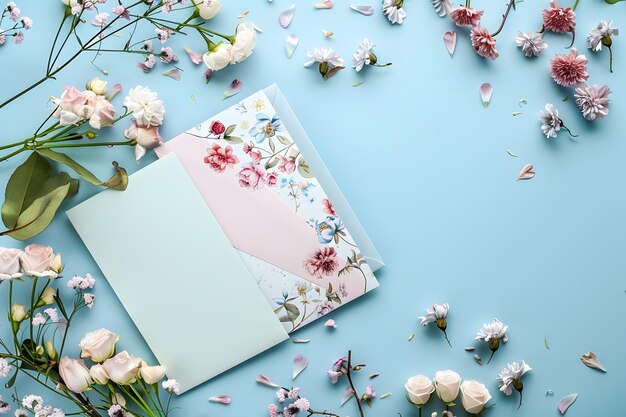 Foto stylish elegante piatto lay colori pastel floristico saluto invito cartolina copia spazio mockup