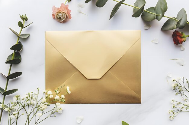 Stylish elegant flat lay white gold floristic greeting invitation post card with copy space mockup