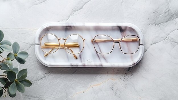 stylish eyeglasses and notebook on white marble table flat lay