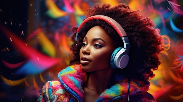 Stylish fashion african american teenager model wearing headphones listening dj music dancing in purple neon lights Young teen girl enjoy cool music