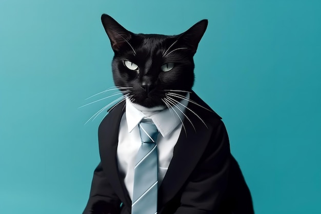 Foto elegante gatto d'affari alla moda in giacca nera e cravatta su sfondo blu pastello in studio concetto creativo di moda e affari ia generativa