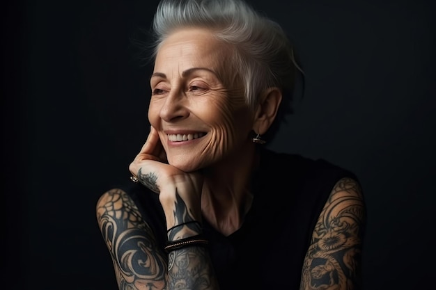 Stylish fashionable elderly happy woman in tattoos smiles onblack background Generative AI