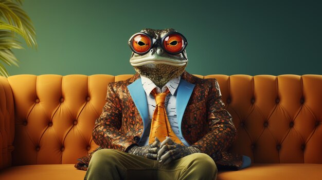 Photo a stylish and fashionable frog adorned in a funky ensemble complete with a jacket tie and stylish