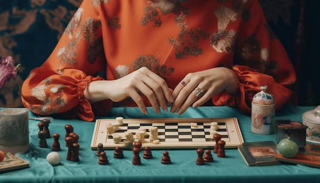 테이블 게임을 하는 세련된 여성 손