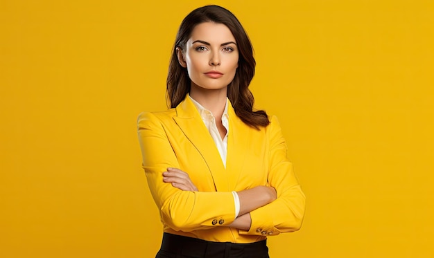 Фото Стильная женщина в смелом желтом костюме, олицетворяющая современный шарм и уверенность в себе.