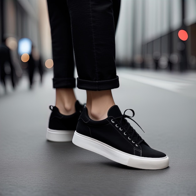 stylish female legs in black sneakers in the cityyoung man in sneakers and black sneakers walking i