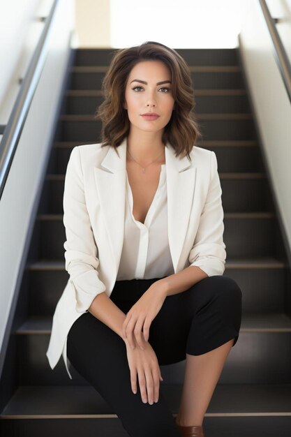 stylish female real estate agent seated on white stairway