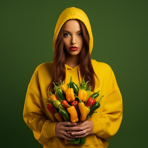 Photo stylish female in yellow hoodie with basket sweet pepper and flowers on green background