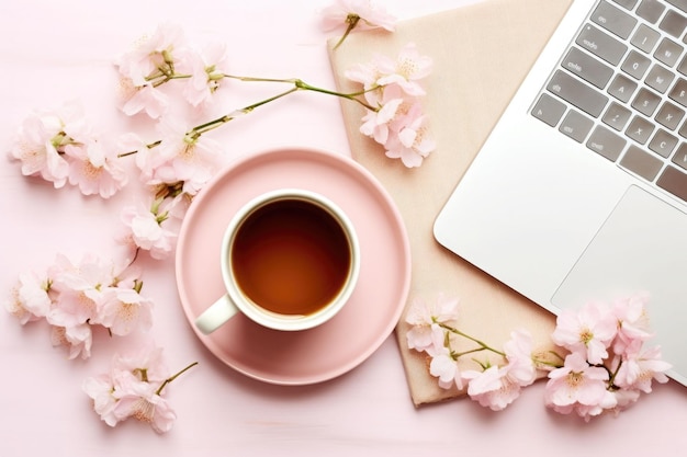 Stylish flat lay composition featuring a cup of coffee flowers and laptop on pastel pink background Generative AI illustration