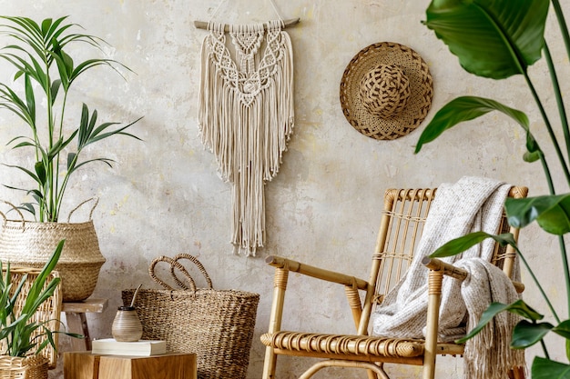 Stylish and floral composition of living room interior with rattan armchair, a lot of tropical plants in design pots, decoration, macrame and elegant personal accessories in cozy home decor.