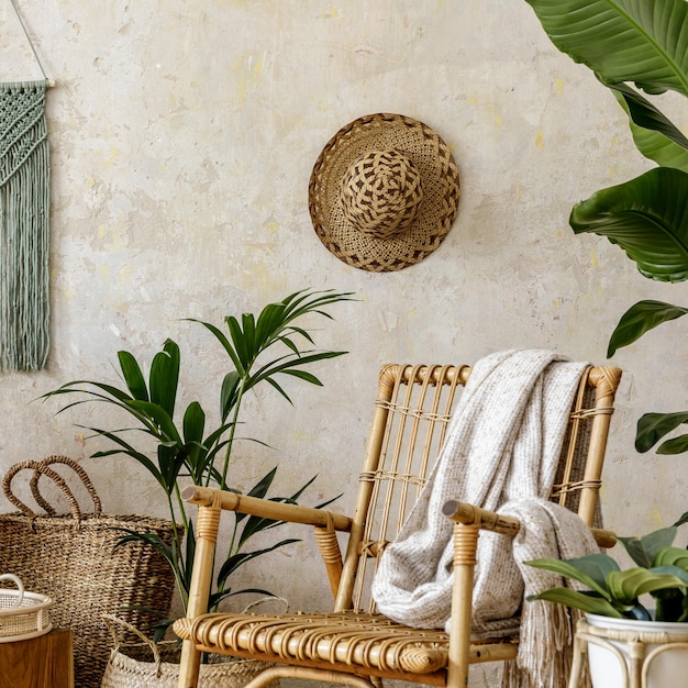 Composizione elegante e floreale dell'interno del soggiorno con poltrona in rattan, molte piante tropicali in vasi di design, decorazioni, macramè ed eleganti accessori personali in un accogliente arredamento per la casa.