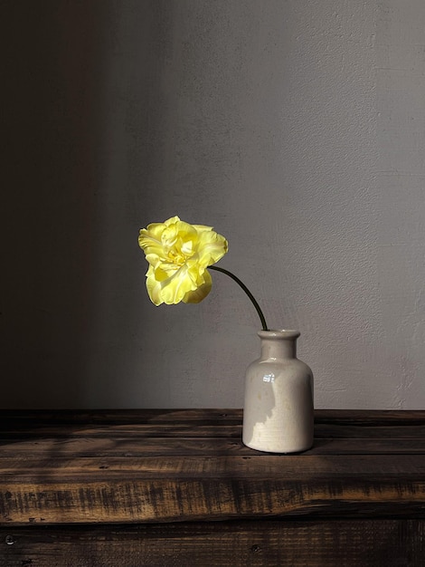 Photo stylish flower still life moody artistic composition beautiful yellow tulip in vase in sunlight on rustic background floral vertical wallpaper