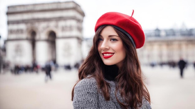 Photo a stylish french woman wearing a vibrant red beret