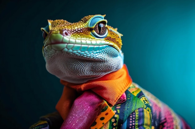 Фото Стильный геккон в красочной одежде на синем фоне