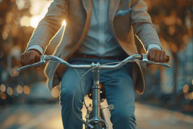 夕暮れに自転車に乗るスタイリッシュな士