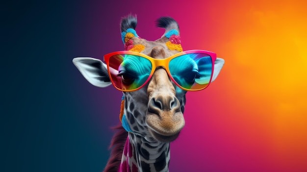 A stylish giraffe wearing sunglasses against a vibrant backdrop