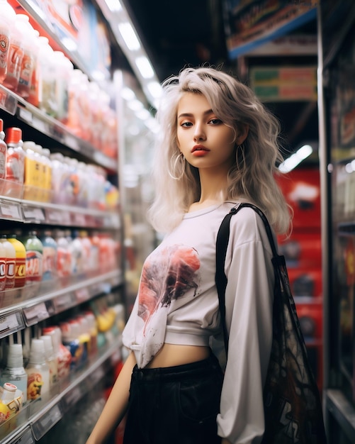 a stylish girl wearing streetwear in a convenience store