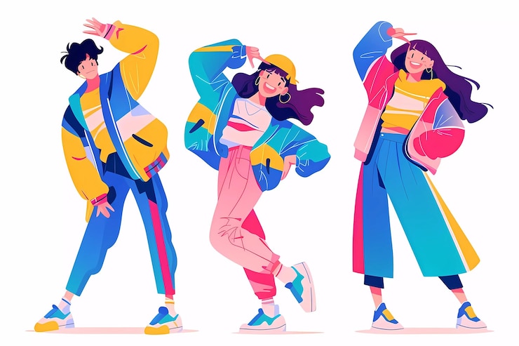 Photo stylish girls and boys teenagers in y2k outfits retro style 80s 90s cartoon fulllength illustration