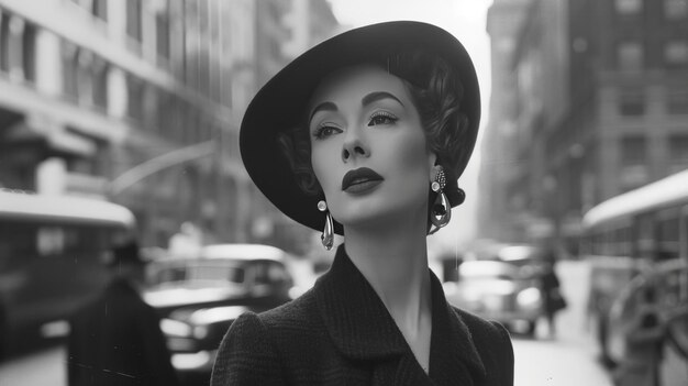 Photo stylish glamorous woman from the 50s in black and white reminiscent of millionaire in new york