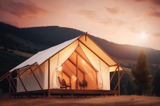 Stylish glamping tent in mountains at sunset generative ai