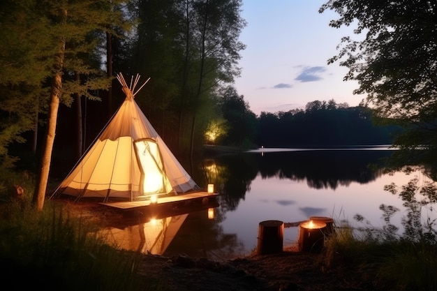 Фото Стильная палатка для глэмпинга, расположенная у озера в лесу генеративный искусственный интеллект