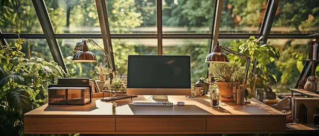 Stylish glass office interior featuring a panoramic window and a PC desktop