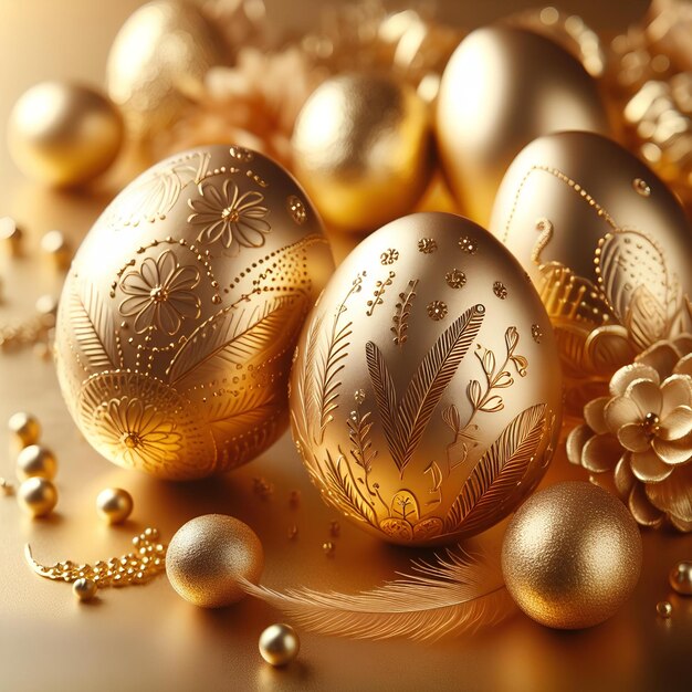 Фото Стильные золотые пасхальные яйца на золотом деревянном столе