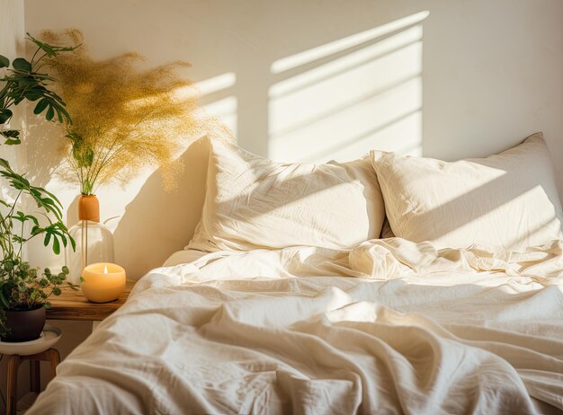 Stylish golden lamp and stationery on wooden nightstand in bedroom Interior element Created with Gen