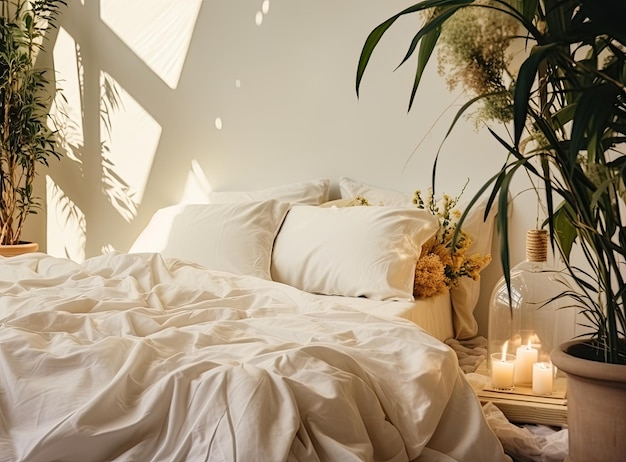 Stylish golden lamp and stationery on wooden nightstand in bedroom Interior element Created with Gen