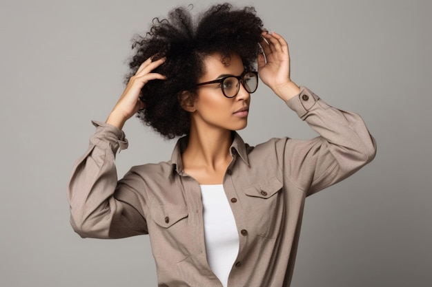 Stylish good looking female tourist with dark skin and afro hairstyle checking glasses on eyes