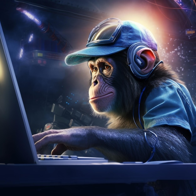 Foto gorilla elegante, specialista it, programmatore scimmia che lavora su un portatile, sfondo spaziale futuristico.